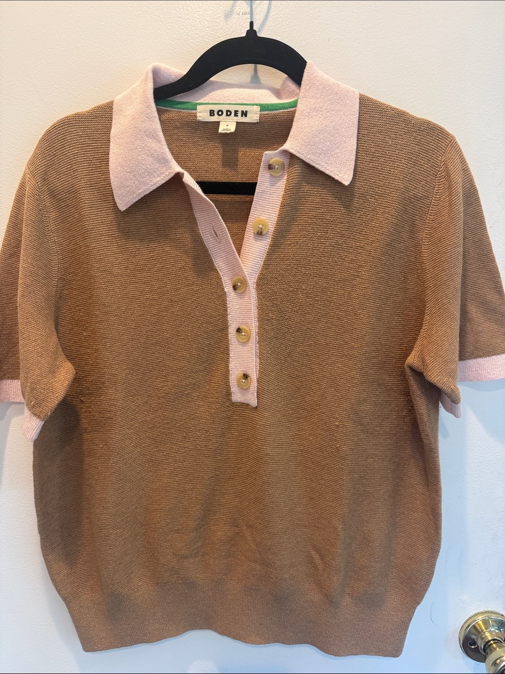 Boden Brown Polo Knit Top with Pink Trim